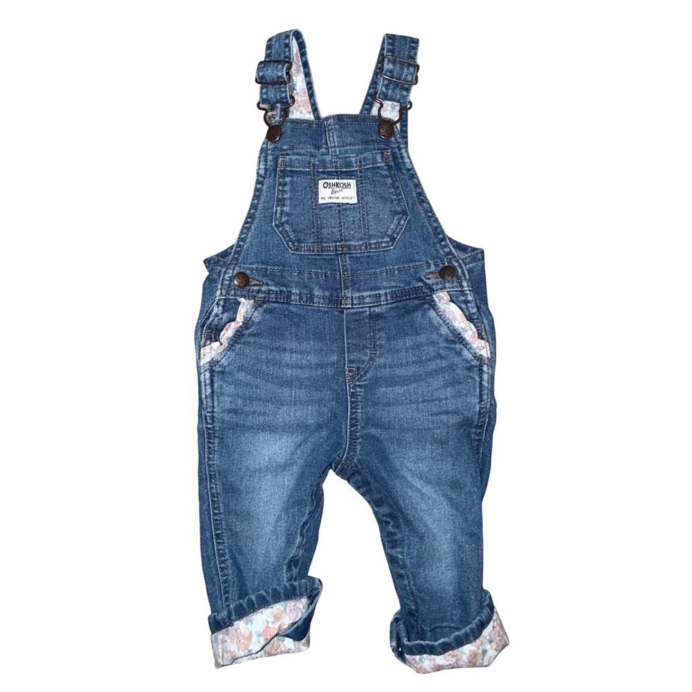 OshKosh B'gosh Floral Trim Denim Overalls 12M Blue Medium Wash Bibs